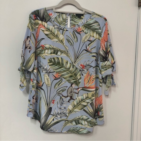 Ann Taylor flowy jungle floral print top size S oversized tie sleeve EUC - Picture 2 of 10